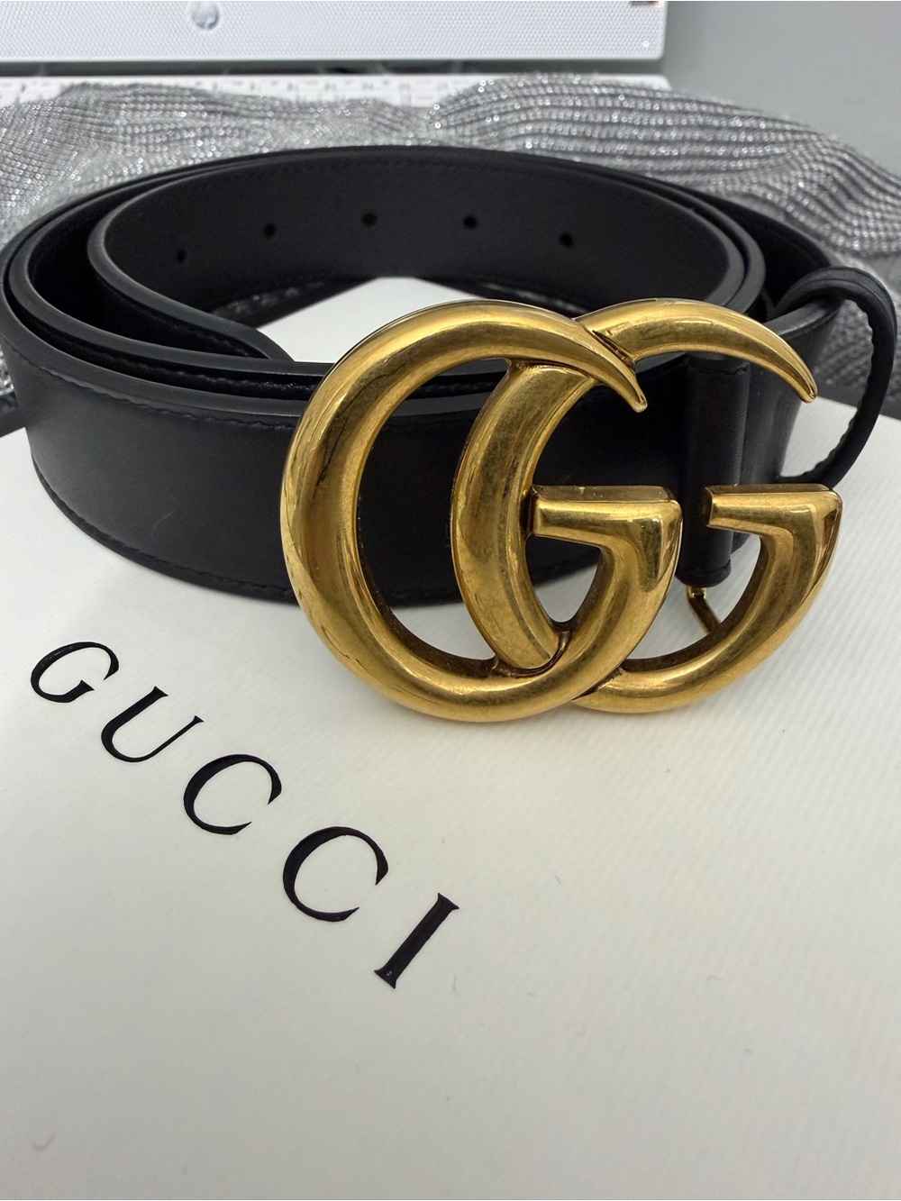 Gucci Black Leather Belt with Gold Double G Buckle